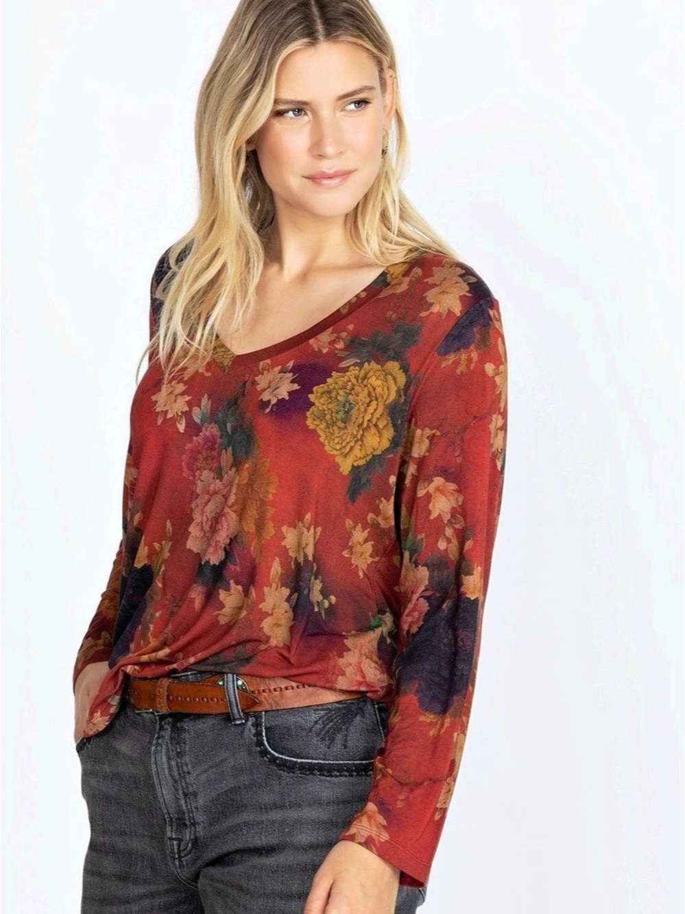 Johnny Was Janie Favirote Long Sleeve Floral Embers V Neck Top Large